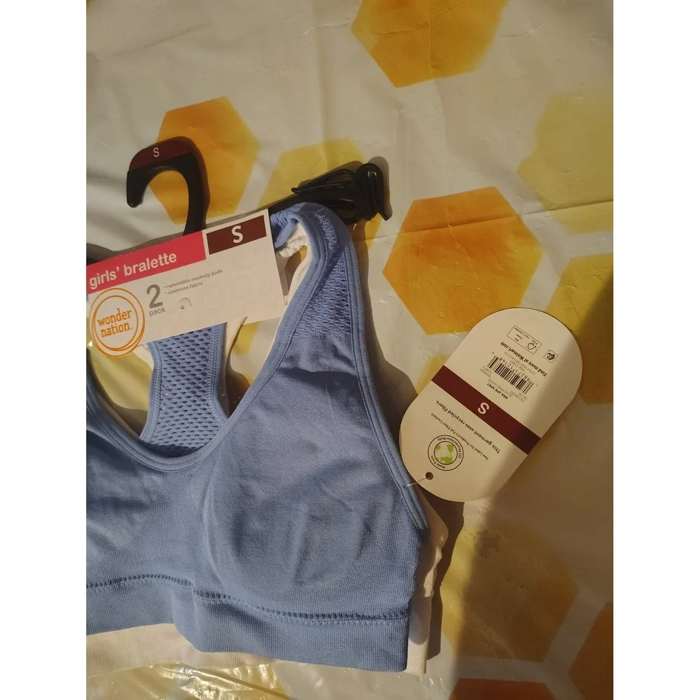 Wonder Nation Girls Bralette 2 Pack Blue White Seamless Racerback Size S 6-6X